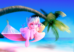 Size: 2000x1400 | Tagged: safe, artist:vensual99, rcf community, oc, oc only, oc:bay breeze, species:pegasus, species:pony, beach, bow, cocktail, cute, female, hair bow, hammock, looking at you, mare, palm tree, summer, tree