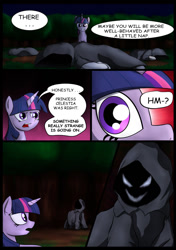 Size: 750x1066 | Tagged: safe, artist:theravencriss, character:twilight sparkle, character:twilight sparkle (alicorn), species:alicorn, species:pony, comic:curse and madness, ambiguous gender, cloak, clothing, comic, creepy, creepy smile, cultist, dark, evil grin, female, forest, grin, hooded cape, mare, mlpcam, night, semi-grimdark series, smiling, text bubbles