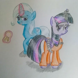 Size: 3120x3120 | Tagged: safe, artist:prinrue, character:trixie, character:twilight sparkle, character:twilight sparkle (alicorn), species:alicorn, species:pony, ship:twixie, chains, clothing, female, glowing horn, jumpsuit, key ring, keychain, lesbian, shipping, traditional art