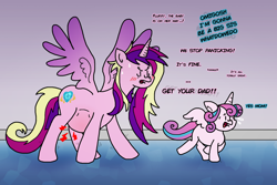 Size: 1500x1000 | Tagged: safe, artist:goodie-bag, derpibooru original, character:princess cadance, character:princess flurry heart, species:alicorn, species:pony, angry, belly, big belly, blank flank, blushing, cutie mark, dialogue, duo, duo female, female, filly, foal, labor, mare, messy mane, mother and daughter, nervous, older, older flurry heart, open mouth, paint.net, pregnant, running, scared, spread wings, sweat, sweatdrops, talking, text, wings, yelling