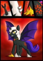 Size: 3024x4299 | Tagged: safe, artist:theravencriss, oc, oc only, oc:fallenlight, species:alicorn, species:bat pony, species:pony, comic:curse and madness, armor, bat pony alicorn, bat wings, clothing, comic, cutie mark, female, forked horn, gauntlet, helmet, jewelry, mare, membranous wings, mlpcam, necklace, oc villain, red and black oc, semi-grimdark series, shoes, solo, solo focus