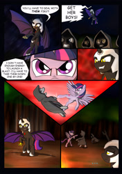 Size: 3024x4299 | Tagged: safe, artist:theravencriss, character:twilight sparkle, character:twilight sparkle (alicorn), oc, oc:fallenlight, species:alicorn, species:pony, comic:curse and madness, armor, bat wings, cloak, clothing, comic, crazy face, cultist, dark, faec, fangs, female, fight, forest, gauntlet, helmet, hooded cape, insanity, jewelry, kicking, mare, membranous wings, mlpcam, necklace, night, semi-grimdark series, text bubbles, toothy grin, unamused