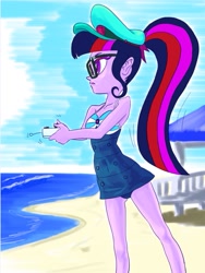 Size: 777x1035 | Tagged: safe, artist:xjleiu, character:twilight sparkle, character:twilight sparkle (scitwi), species:eqg human, equestria girls:forgotten friendship, g4, my little pony: equestria girls, my little pony:equestria girls, attached skirt, beach, bow swimsuit, clothing, female, geode of telekinesis, glasses, hat, ocean, one-piece swimsuit, open mouth, ponytail, remote, sand, skirt, solo, swimsuit