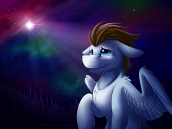 Size: 4000x3000 | Tagged: safe, artist:klarapl, oc, oc only, oc:core, species:pegasus, species:pony, commission, crying, digital art, high res, looking up, male, sad, signature, solo, space, stallion, stars, teary eyes