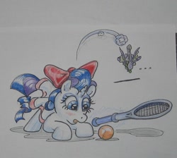 Size: 570x510 | Tagged: safe, artist:hillbe, character:rarity, character:spike, ship:sparity, bow, female, male, shipping, straight, tennis ball, tennis dress, tennis racket, traditional art, wings