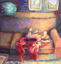 Size: 1654x1740 | Tagged: safe, artist:malinetourmaline, character:roseluck, species:earth pony, species:pony, behaving like a cat, collar, couch, cute, digital art, female, lying down, mare, pet tag, pony pet, rosepet, solo