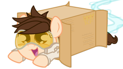 Size: 1920x1080 | Tagged: safe, artist:king-franchesco, species:pony, box, cute, female, hooves, lying down, mare, open mouth, overwatch, ponified, pony in a box, simple background, tracer, transparent background