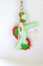 Size: 681x1024 | Tagged: safe, artist:king-franchesco, oc, oc only, oc:redchetgreen, species:earth pony, species:pony, commission, cutie mark, hooves, irl, keychain, male, open mouth, photo, solo, stallion, upside down, watermark