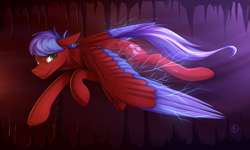 Size: 1024x614 | Tagged: safe, artist:klarapl, oc, oc:solar flare, species:pegasus, species:pony, cavern, colored wings, commission, flying, light, looking back, male, multicolored wings, solo, stalactite, stalagmite