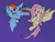 Size: 2602x2000 | Tagged: safe, artist:esfelt, character:flutterbat, character:fluttershy, character:rainbow dash, species:bat pony, species:pony, newbie artist training grounds, g4, atg 2018, bat ponified, bat wings, colored pupils, cute little fangs, fangs, female, flying, looking at each other, mare, night, open mouth, race swap, rainbowbat, sharp teeth, spread wings, stars, three quarter view, wings