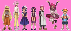 Size: 1874x821 | Tagged: safe, artist:emlan, character:applejack, character:fluttershy, character:pinkamena diane pie, character:pinkie pie, character:rainbow dash, character:rarity, character:twilight sparkle, species:human, bandage, bandaid, book, clothing, dress, female, gap teeth, humanized, mane six, mary janes, school uniform, shoes, simple background, skirt, sneakers, young