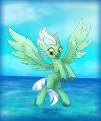 Size: 1000x1200 | Tagged: safe, artist:klemm, character:lyra heartstrings, species:classical hippogriff, species:hippogriff, newbie artist training grounds, atg 2018, female, flying, hippogriffied, smiling, solo, species swap