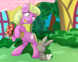 Size: 1000x800 | Tagged: safe, artist:klemm, character:daisy, species:earth pony, species:pony, species:rabbit, female, flower, mare, ponyville, rearing, solo, the horror