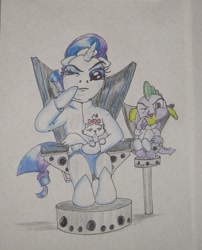 Size: 511x632 | Tagged: safe, artist:hillbe, character:opalescence, character:rarity, character:spike, ship:sparity, austin powers, cat, chair, dr. evil, female, male, mini me, shipping, straight, traditional art