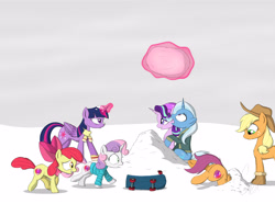 Size: 4826x3600 | Tagged: safe, artist:theravencriss, character:apple bloom, character:applejack, character:scootaloo, character:starlight glimmer, character:sweetie belle, character:trixie, character:twilight sparkle, character:twilight sparkle (alicorn), species:alicorn, species:earth pony, species:pegasus, species:pony, species:unicorn, accident, boots, clothing, crash, cutie mark crusaders, disproportionate retribution, female, filly, magic, mare, scarf, scootacrash, scooter, sheepish grin, shoes, shrunken pupils, snow, snowball, snowball fight, stuck, telekinesis