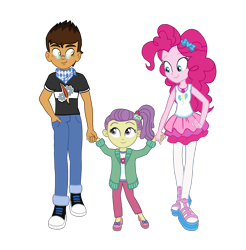 Size: 2147x2186 | Tagged: safe, artist:flipwix, commissioner:imperfectxiii, character:pinkie pie, oc, oc:copper plume, g4, my little pony: equestria girls, my little pony:equestria girls, babysitting, canon x oc, clothing, commission, converse, copperpie, cute, female, freckles, geode of sugar bombs, glasses, holding hands, lily pad (equestria girls), male, neckerchief, pantyhose, sandals, shipping, shoes, simple background, skirt, sneakers, straight, transparent background