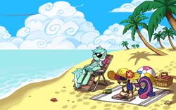 Size: 1280x800 | Tagged: safe, artist:emlan, character:bon bon, character:lyra heartstrings, character:rainbow dash, character:sweetie drops, species:earth pony, species:pony, species:unicorn, beach, beach ball, beach blanket, beach chair, bikini, book, clothing, cloud, cloudy, duo, female, hat, mare, ocean, palm tree, picnic basket, prone, rainbow trail, sitting, sunglasses, swimsuit, tree