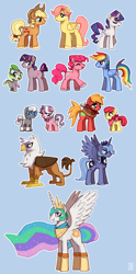 Size: 884x1780 | Tagged: safe, artist:emlan, character:apple bloom, character:applejack, character:barb, character:big mcintosh, character:diamond tiara, character:fluttershy, character:gilda, character:pinkie pie, character:princess celestia, character:princess luna, character:rainbow dash, character:rarity, character:silver spoon, character:spike, character:twilight sparkle, character:twilight sparkle (unicorn), oc:dusk shine, species:alicorn, species:dragon, species:earth pony, species:griffon, species:pegasus, species:pony, species:unicorn, adoraberry, adorascotch, applebuck, applejack (male), baby, baby dragon, barbabetes, big macintosh's yoke, blue background, bubble berry, butterscotch, collar, colt, crown, cute, diamond crown, dragoness, elusive, eyes closed, female, guilder, jewelry, looking at you, macareina, male, mane seven, mare, necklace, open mouth, prince artemis, prince solaris, rainbow blitz, regalia, rule 63, rule63betes, s1 luna, silver platter, simple background, smiling, stallion, standing, unicorn dusk shine, wingless spike