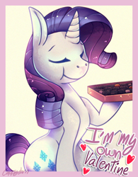 Size: 500x640 | Tagged: safe, artist:cappydarn, character:rarity, species:pony, species:unicorn, arrogant, border, box of chocolates, chocolate, eating, eyes closed, female, food, heart, holding, holiday, hoof hold, mare, simple background, solo, text, valentine, valentine's day, white background