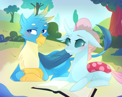 Size: 1000x800 | Tagged: safe, artist:waterz-colrxz, character:gallus, character:ocellus, species:changeling, species:griffon, species:reformed changeling, ship:luslus, blushing, book, cute, diaocelles, female, gallabetes, male, prone, shipping, straight