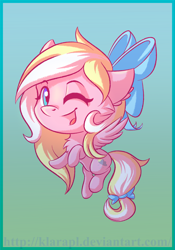 Size: 2802x4002 | Tagged: safe, artist:klarapl, derpibooru original, oc, oc only, oc:bay breeze, species:pegasus, species:pony, bow, chest fluff, chibi, cute, ear fluff, female, flying, hair bow, looking at you, mare, one eye closed, open mouth, simple background, tail bow, wink