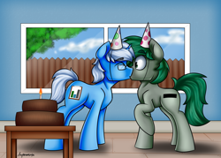 Size: 2100x1500 | Tagged: safe, artist:supermoix, oc, oc only, oc:algorithm, oc:minus, species:pony, cake, clothing, cute, food, gay, hat, kissing, male, oc x oc, party hat, shipping, stallion