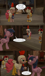Size: 1024x1728 | Tagged: safe, artist:dracagon, character:pinkie pie, character:twilight sparkle, character:twilight sparkle (alicorn), oc, species:alicorn, species:pony, 3d, animal costume, chicken pie, chicken suit, clothing, comic, costume, dialogue, halloween, holiday, misspelling, nightmare night, trick or treat