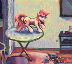 Size: 1780x1571 | Tagged: safe, artist:malinetourmaline, character:roseluck, species:earth pony, species:pony, behaving like a cat, broken vase, candle, caught, collar, digital art, female, flower, indoors, mare, pet tag, photo, pony pet, room, rose, rosepet, solo, table