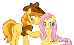 Size: 1040x638 | Tagged: safe, artist:waterz-colrxz, character:braeburn, character:fluttershy, ship:braeshy, blushing, female, male, shipping, simple background, straight, transparent background