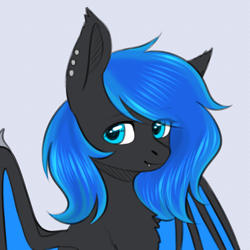 Size: 1600x1600 | Tagged: safe, artist:avrameow, oc, oc:acelina, species:bat pony, bat pony oc, ear piercing, fangs, looking at you, piercing, sitting, smiling, solo, spread wings, wings, ych result