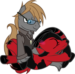 Size: 1039x1022 | Tagged: safe, artist:theeditormlp, oc, oc only, oc:crimson glow, oc:the editor, species:earth pony, species:pony, clothing, female, glasses, male, mare, oc x oc, red and black oc, shipping, shirt, simple background, stallion, straight, theglow, transparent background, vector