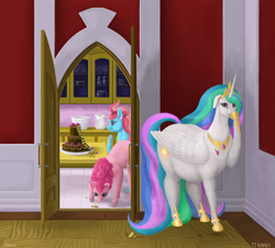 Size: 1600x1446 | Tagged: safe, artist:soobel, character:cup cake, character:pinkie pie, character:princess celestia, species:alicorn, species:earth pony, species:pony, cake, cakelestia, chubby, chubbylestia, crumbs, fat, female, food, jewelry, mare, obese, raised hoof, regalia