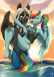 Size: 1400x2000 | Tagged: safe, artist:varllai, derpibooru original, character:rainbow dash, oc, oc:stormfall, species:anthro, species:pegasus, species:plantigrade anthro, species:pony, anthro oc, arm around neck, barefoot, beach, breasts, bridal carry, canon x oc, carrying, clothing, cloud, commission, embrace, feet, female, male, mare, one eye closed, peace sign, shipping, smiling, stallion, straight, sunset, swimming trunks, swimsuit