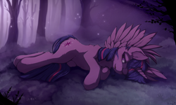 Size: 2000x1200 | Tagged: safe, artist:blackkaries, character:twilight sparkle, character:twilight sparkle (alicorn), species:alicorn, species:pony, g4, chest fluff, cute, ear fluff, female, fluffy, forest, leg fluff, lidded eyes, looking at you, lying down, mare, night, on side, one eye closed, signature, solo, spread wings, twiabetes, wings