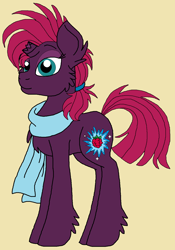 Size: 992x1416 | Tagged: safe, artist:rosefang16, character:fizzlepop berrytwist, character:tempest shadow, species:pony, species:unicorn, astralverse, alternate hairstyle, alternate universe, broken horn, cheek fluff, chest fluff, clothing, ear fluff, female, fluffy, leg fluff, mare, scarf, simple background, solo, tan background
