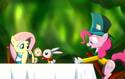 Size: 5672x3600 | Tagged: safe, artist:theravencriss, character:angel bunny, character:fluttershy, character:pinkie pie, species:earth pony, species:pegasus, species:pony, alice, alice in wonderland, bow tie, chair, clock, clothing, cup, female, hat, mad hatter, mare, table, teacup, top hat