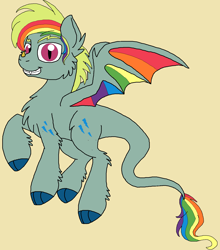 Size: 1456x1652 | Tagged: safe, artist:rosefang16, oc, oc only, oc:spectrum blaze, species:pegasus, species:pony, chest fluff, colored wings, female, leonine tail, male, mare, multicolored wings, rainbow wings, simple background, smiling, solo, tan background