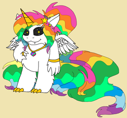 Size: 1648x1536 | Tagged: safe, artist:rosefang16, oc, oc only, oc:jazzy, species:pony, species:unicorn, chest fluff, female, jewelry, mare, necklace, simple background, solo, starry eyes, tan background, traditional art, wingding eyes