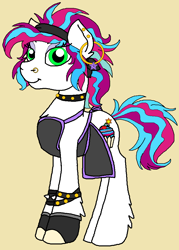 Size: 738x1032 | Tagged: safe, artist:rosefang16, oc, oc only, oc:cake pop, species:earth pony, species:pony, clothing, ear piercing, earring, female, jewelry, mare, piercing, simple background, solo, traditional art, vest, yellow background