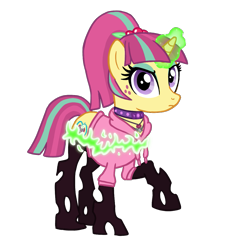 Size: 1089x1183 | Tagged: safe, artist:flipwix, character:sour sweet, species:changeling, species:pony, species:unicorn, changelingified, choker, clothing, commission, disguise, disguised changeling, equestria girls ponified, eyeshadow, female, glowing horn, hoodie, jewelry, makeup, mare, necklace, ponified, simple background, solo, species swap, spiked choker, transformation, transparent background