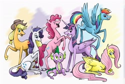 Size: 1782x1200 | Tagged: safe, artist:pedantia, character:applejack, character:fluttershy, character:pinkie pie, character:rainbow dash, character:rarity, character:spike, character:twilight sparkle, character:twilight sparkle (alicorn), species:alicorn, species:classical unicorn, species:dragon, species:earth pony, species:pegasus, species:pony, species:unicorn, abstract background, cloven hooves, colored hooves, female, laughing, leonine tail, mane seven, mane six, mane six opening poses, mare, phoebe and her unicorn, style emulation, unshorn fetlocks