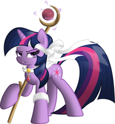 Size: 2933x3180 | Tagged: safe, artist:ratchethun, character:twilight sparkle, character:twilight sparkle (unicorn), species:pony, species:unicorn, female, headband, jewelry, kanji, league of legends, lidded eyes, looking back, necklace, simple background, solo, soraka, staff, transparent background, vector, wristband