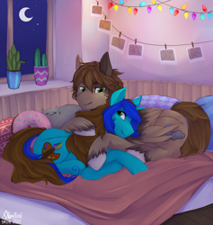 Size: 1800x1900 | Tagged: safe, artist:varllai, oc, oc only, oc:alexis paint, species:pony, bed, blanket, cactus, cuddling, digital art, duo, female, lightly watermarked, male, mare, pillow, signature, stallion, watermark