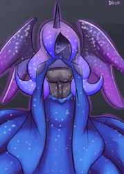 Size: 940x1310 | Tagged: safe, artist:dinobirdofdoom, character:tantabus, species:human, clothing, dress, female, gradient background, hair over eyes, humanized, solo