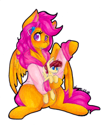 Size: 1280x1518 | Tagged: safe, artist:mscolorsplash, character:scootaloo, oc, oc:lightning blitz, parent:rain catcher, parent:scootaloo, parents:catcherloo, species:pegasus, species:pony, comic:ask motherly scootaloo, motherly scootaloo, baby, baby pony, clothing, female, hairpin, holding a pony, male, mother and son, offspring, older, older scootaloo, simple background, sweatshirt, tongue out, transparent background