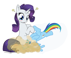 Size: 1651x1347 | Tagged: safe, artist:oddwarg, edit, character:rainbow dash, character:rarity, species:pegasus, species:pony, species:unicorn, accident, duo, dust, embarrassed, facesitting, female, mare, misleading thumbnail, not a fart, question mark, simple background, white background