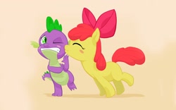 Size: 2560x1600 | Tagged: safe, artist:jakneurotic, edit, character:apple bloom, character:spike, species:dragon, species:earth pony, species:pony, ship:spikebloom, female, interspecies, kissing, male, shipping, straight, wallpaper, wallpaper edit