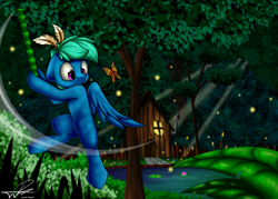Size: 7000x5000 | Tagged: safe, artist:supermoix, oc, oc:supermoix, species:pegasus, species:pony, absurd resolution, butterfly, forest, house, leaves, solo, tree