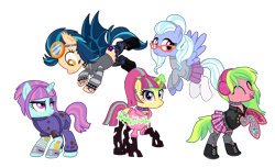 Size: 3278x2002 | Tagged: safe, alternate version, artist:flipwix, character:indigo zap, character:lemon zest, character:sour sweet, character:sugarcoat, character:sunny flare, species:bat pony, species:changeling, species:earth pony, species:pegasus, species:pony, species:unicorn, my little pony:equestria girls, bandage, bat ponified, bipedal, bipedal leaning, boots, changelingified, choker, clothing, commission, crystal prep shadowbolts, cut, cute, cute little fangs, dirt, disguise, disguised changeling, ear piercing, earring, earth pony lemon zest, equestria girls ponified, eyebrow piercing, eyes closed, eyeshadow, fangs, female, flying, glasses, glowing horn, goggles, headband, headcanon, headphones, heart, hoodie, indigobat, jacket, jewelry, jumpsuit, leaning, leather jacket, lip piercing, magic, makeup, mare, mechanic, mud, nose piercing, oil, pegasus sugarcoat, piercing, pleated skirt, ponified, race swap, raised eyebrow, rearing, shadow five, shadowbolts, shoes, simple background, skirt, skull and crossbones, snake bites, socks, sourling, species swap, spiked choker, spiked wristband, stockings, striped socks, sunny flare's wrist devices, sweater, tattoo, thigh highs, tongue piercing, torn clothes, transparent background, unicorn sunny flare, wall of tags, wristband