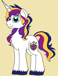 Size: 1096x1437 | Tagged: safe, artist:rosefang16, oc, oc only, oc:shield cadenza, parent:princess cadance, parent:shining armor, species:pony, species:unicorn, bio in description, chest fluff, male, simple background, smiling, solo, stallion, unshorn fetlocks, yellow background